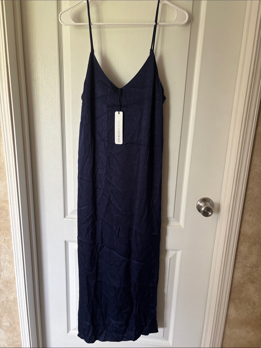 Self Contrast Navy V-Neck Camila Slip Dress with Spaghetti Straps